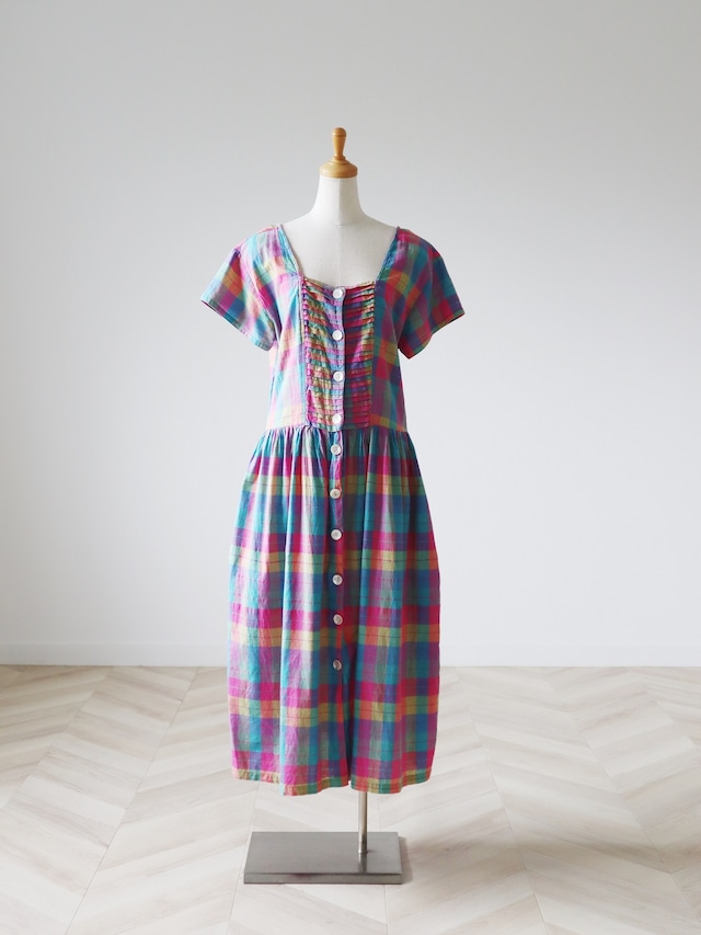 ●Front shell button madras check cotton dress