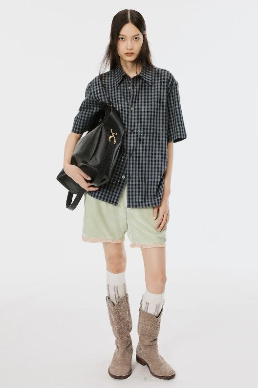 26SS】MASU SPARKLING PLAID HALF SLEEVE SHIRT (BLACK) M26U6SH003
