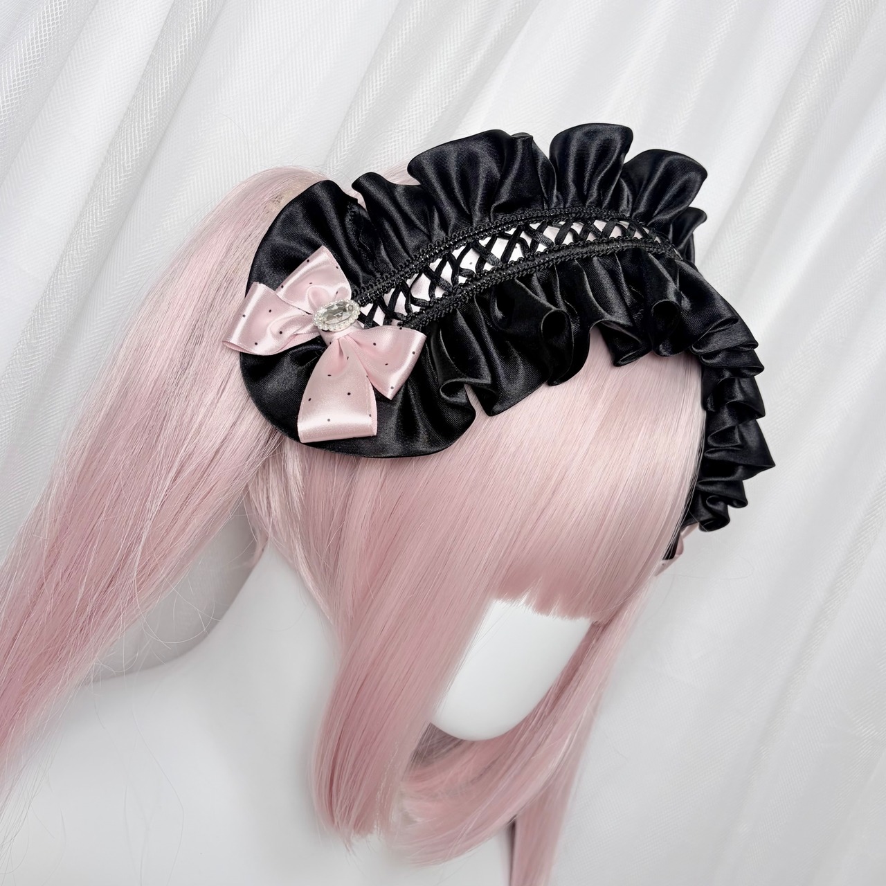 ♡【Sayakadoll Original No.12】 小悪魔ドット リボン 光沢サテンの編み上げリボンビジューヘッドドレス off white ♡
