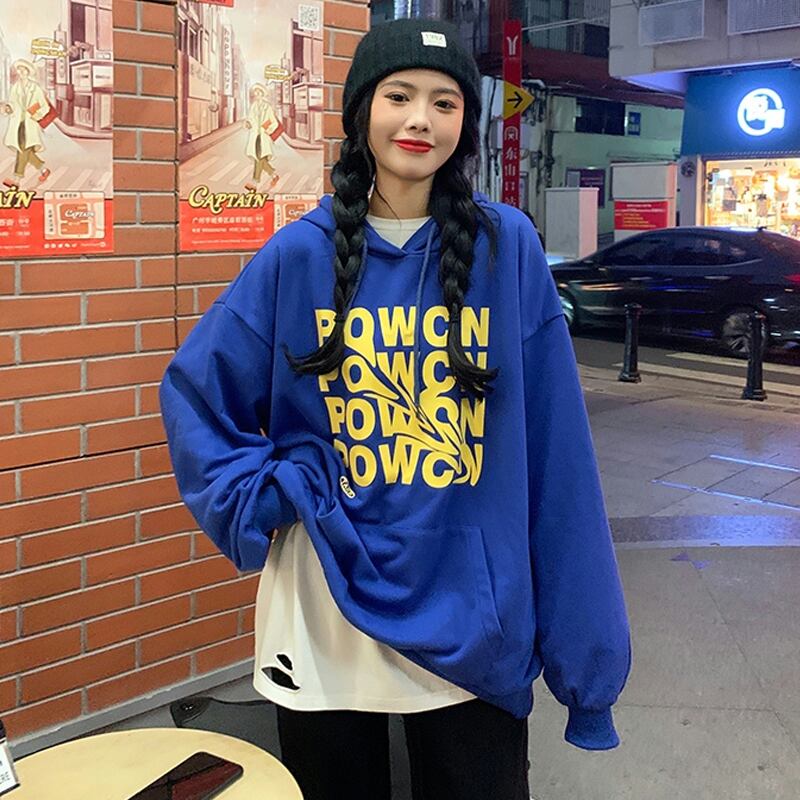 ブルーフードセーター スプリングオータム薄手スタイルルーズトップス 大きめサイズ 春物 秋物 試着室27913410517