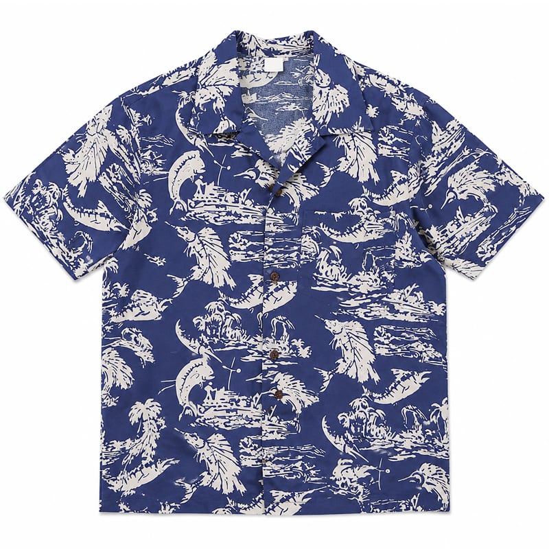 Retro fish and plant motif design Aloha shirt 00572