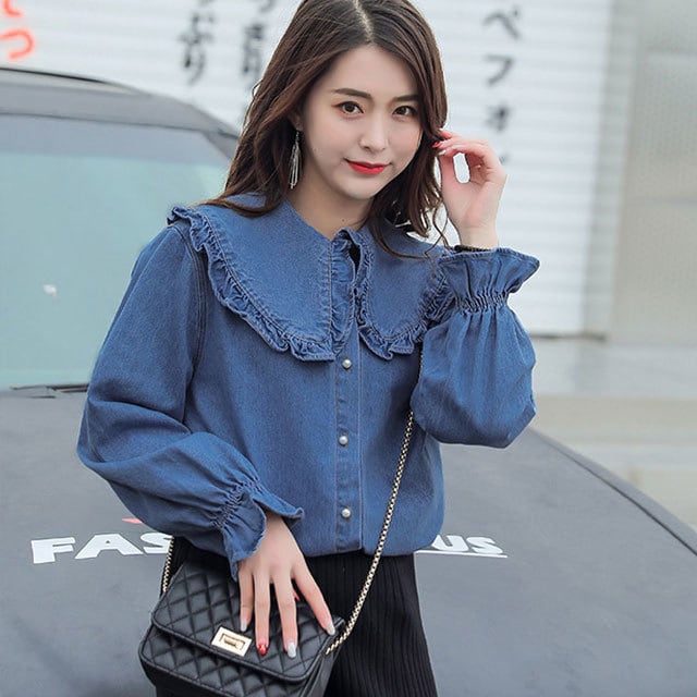 45rpm フリル デニム シャツ Z1975 デニムフリルシャツ - ミディアムブルー | ZARA Japan / 日本