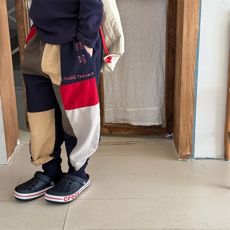 取寄》 パッチワーク風ワークパンツ （ネイビー／ベージュ） ADBB 2025