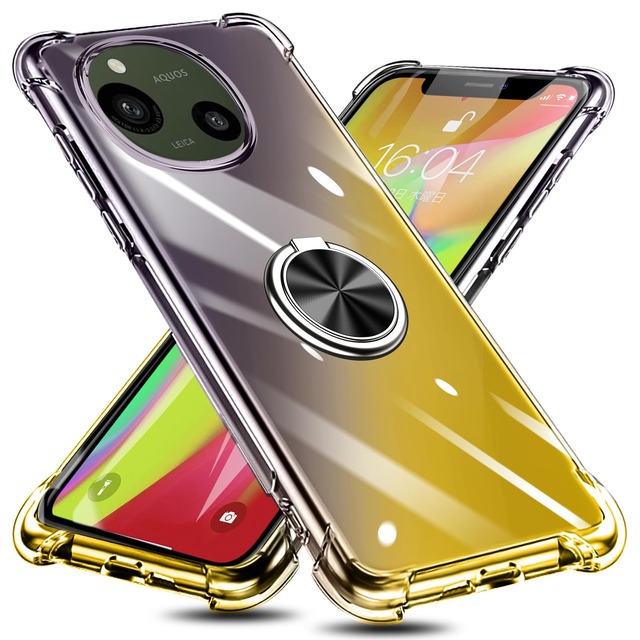 AQUOS R9 用 ケース リング付き TPU グラデーション色 SH-51E 用 携帯カバー 耐衝撃 透明 車載ホルダー対応 一体型 落下防止 防塵 変形防止 全面保護 アクオス R9 用 カバー 黒/ゴールド W-CSZH-52-02