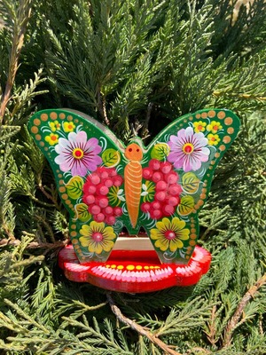 ペトリキウカ塗り　木製ナプキンスタンド　メモスタンド　ホメンコ作　バタフライ