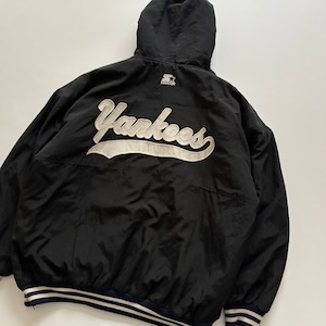 -USED- STARTER HOODED YANKEES HOODED STADIUM JACKET -BLACK- [XL]