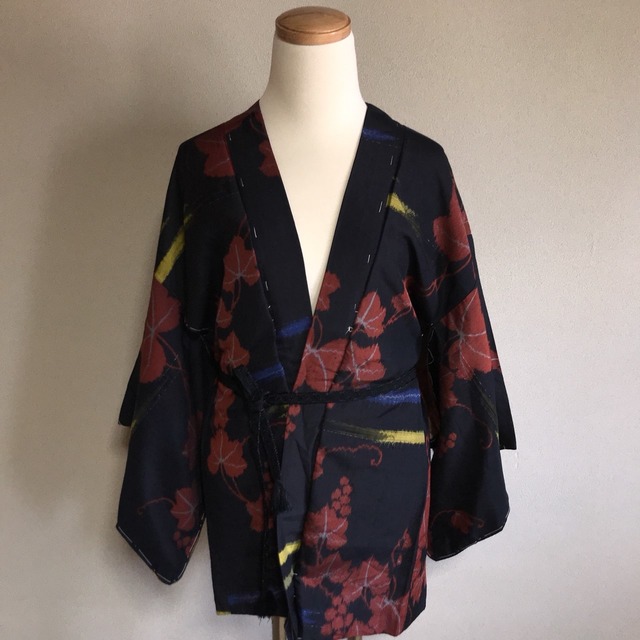 Vintage HAORI Silk Black × Red Leaves and Yellow × Blue