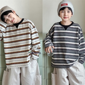 子供 Tシャツ 長袖 男の子 子供服 2色 90-160㎝ プリント ストライプ 韓国風 おしゃれ かわいい 幼稚園 小学生 26LT1139