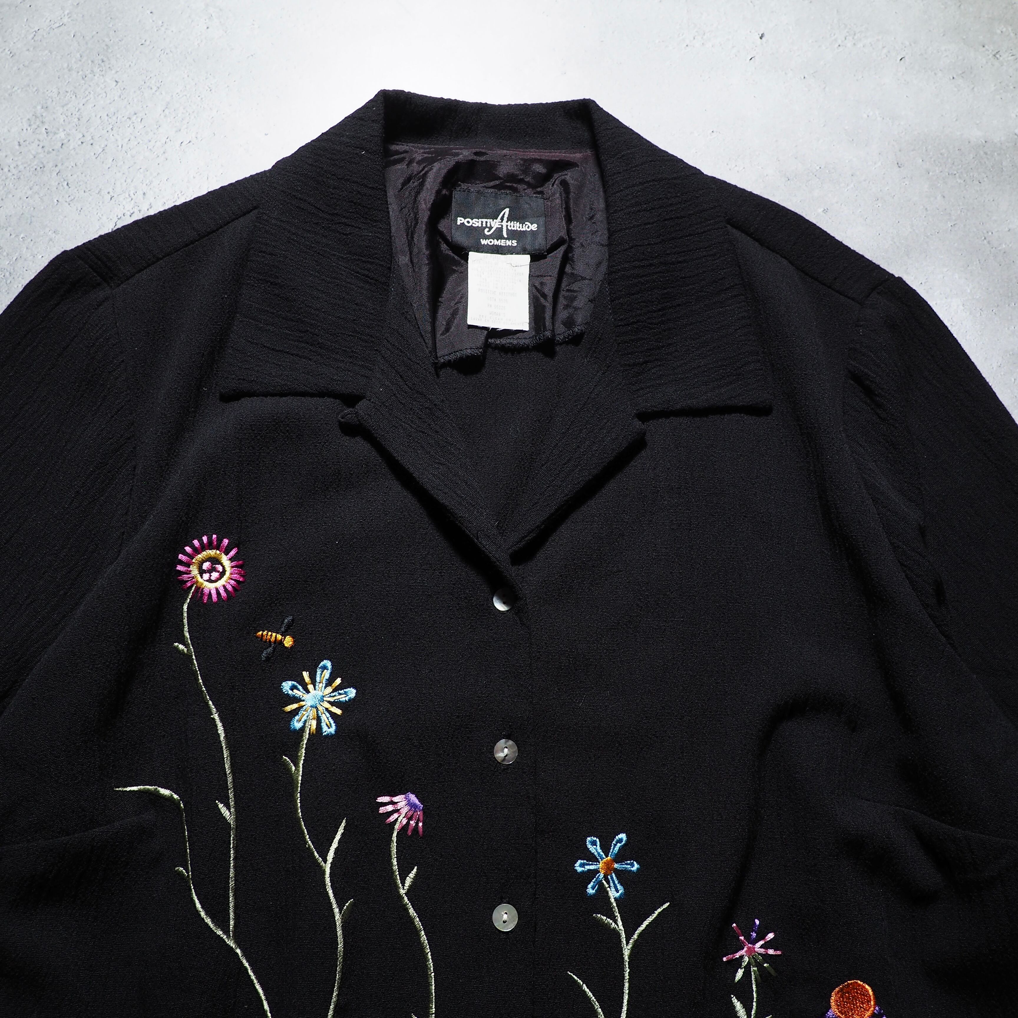 1990s Black mode pleats × Flower embroidery vintage SS open collar shirt (made in Usa)