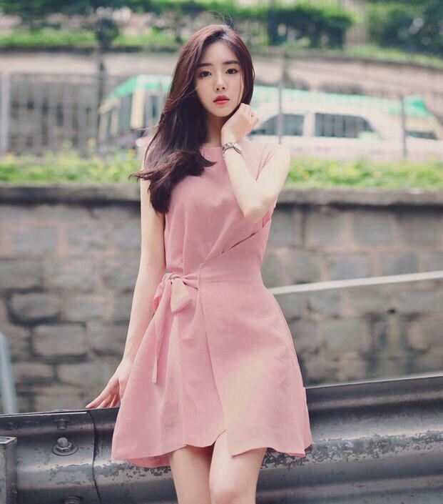 綿麻 無地ひざ丈ワンピース 個性的 ワンピース ピンク ショートワンピース 夏