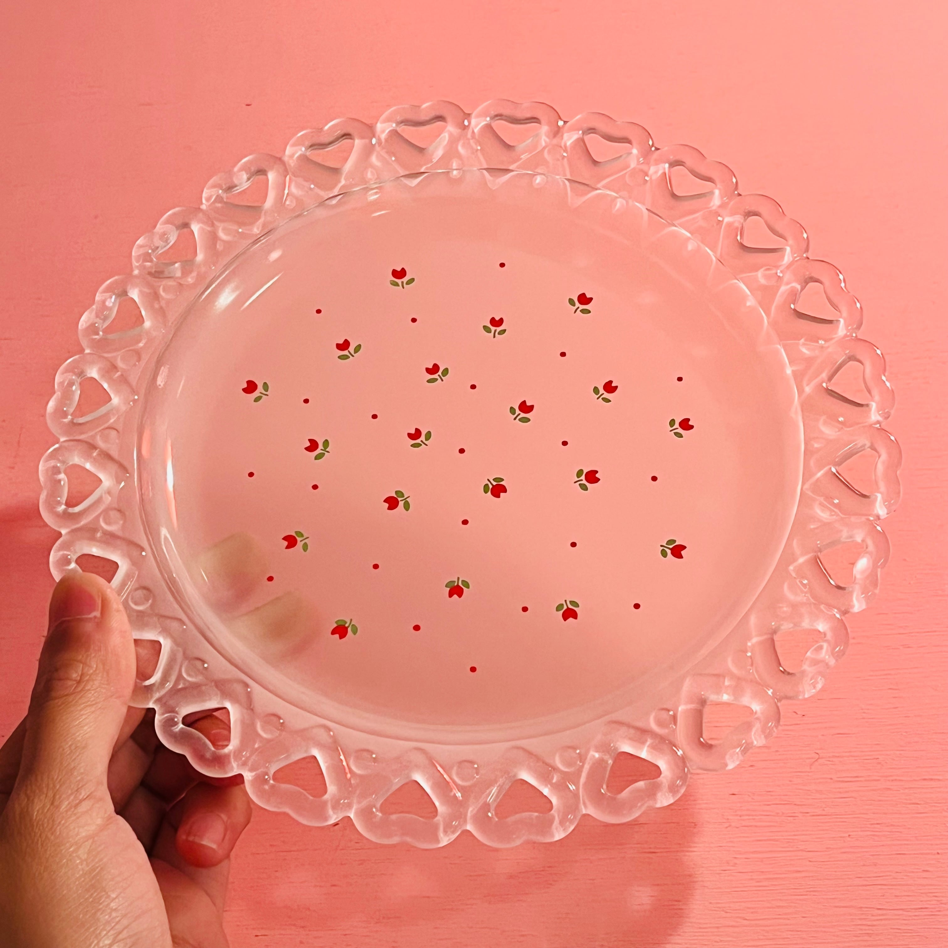 昭和レトロ 赤色 花模様 ガラス皿 容器　花器 3d236170fd7cdfd51a5abe8656938f