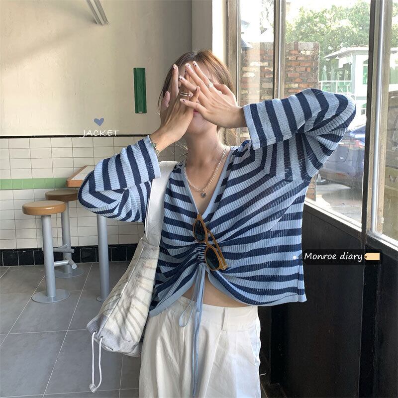 スタイルストライプニットセーター 薄手ブラウス サマーショート ロング 大人ガーリー スウィート キュート カジュアル 夏物 モンロー25035632600