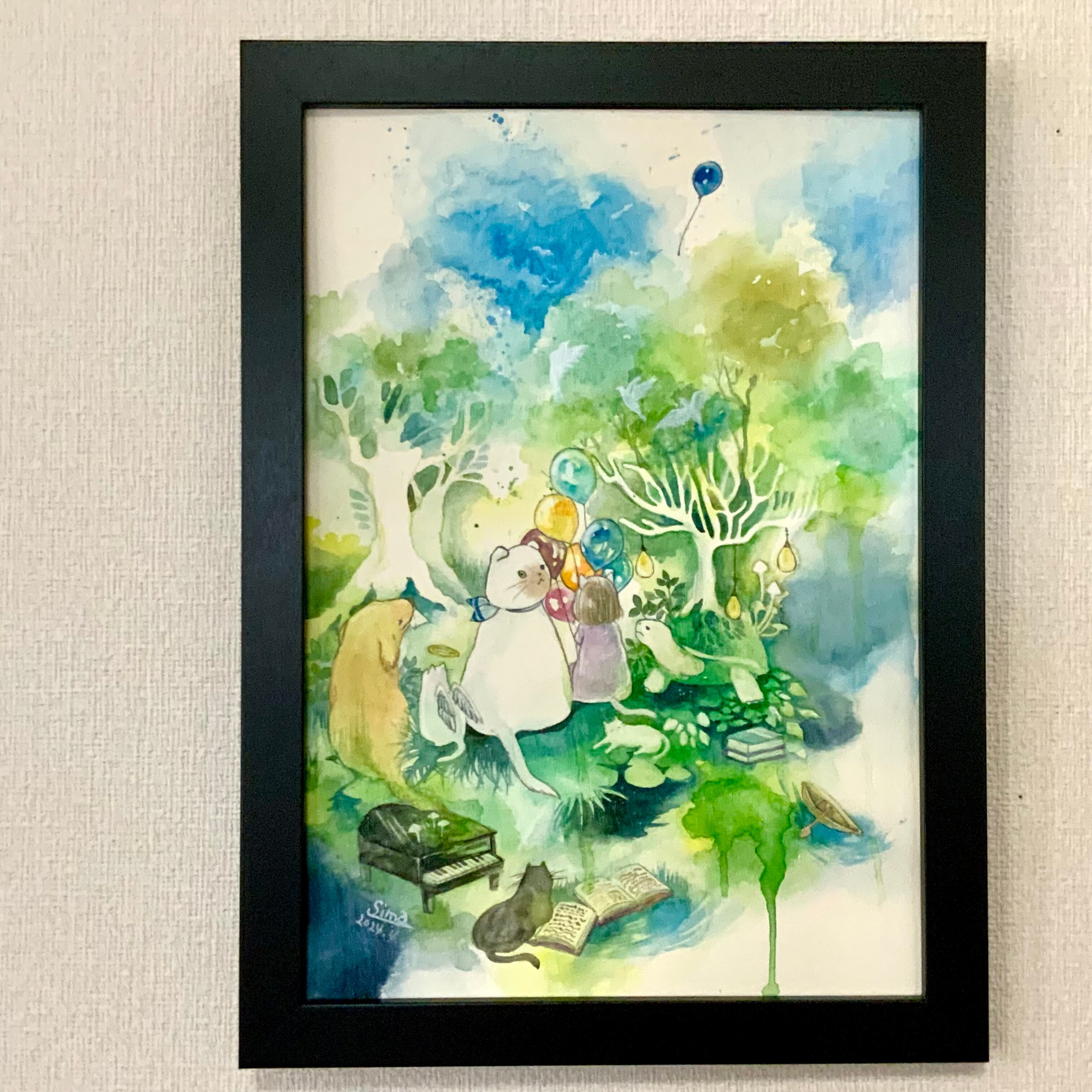 miyoko 子供と風船の水彩画 水彩画 空飛ぶ風船 | Art shop 森羅万象