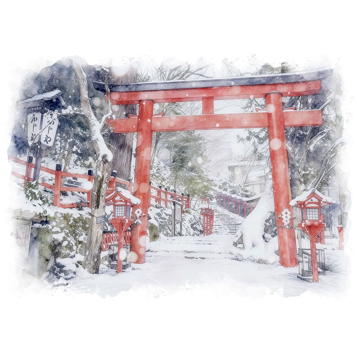 絵画(風景画) 日本 京都府 雪の貴船神社 インテリアアート額付き 水彩画・油絵調 WAT1195
