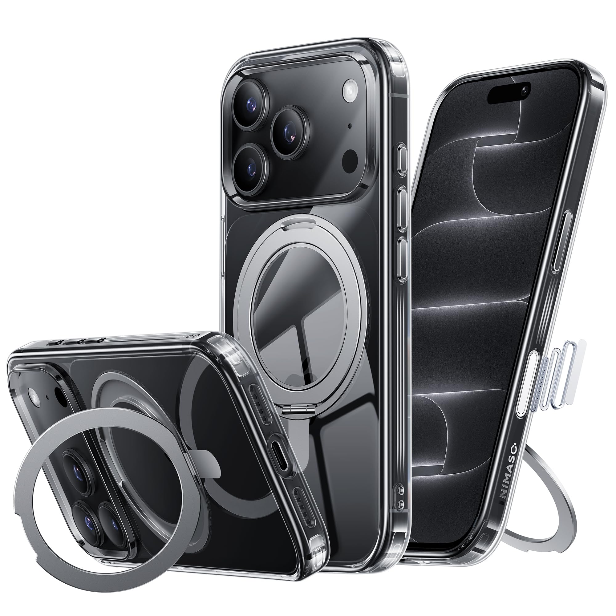NIMASO iPhone 18 Pro / 17 Pro 用ケース 360°回転スタンド 縦横両対応 MagSafe対応 クリア 米軍MIL規格