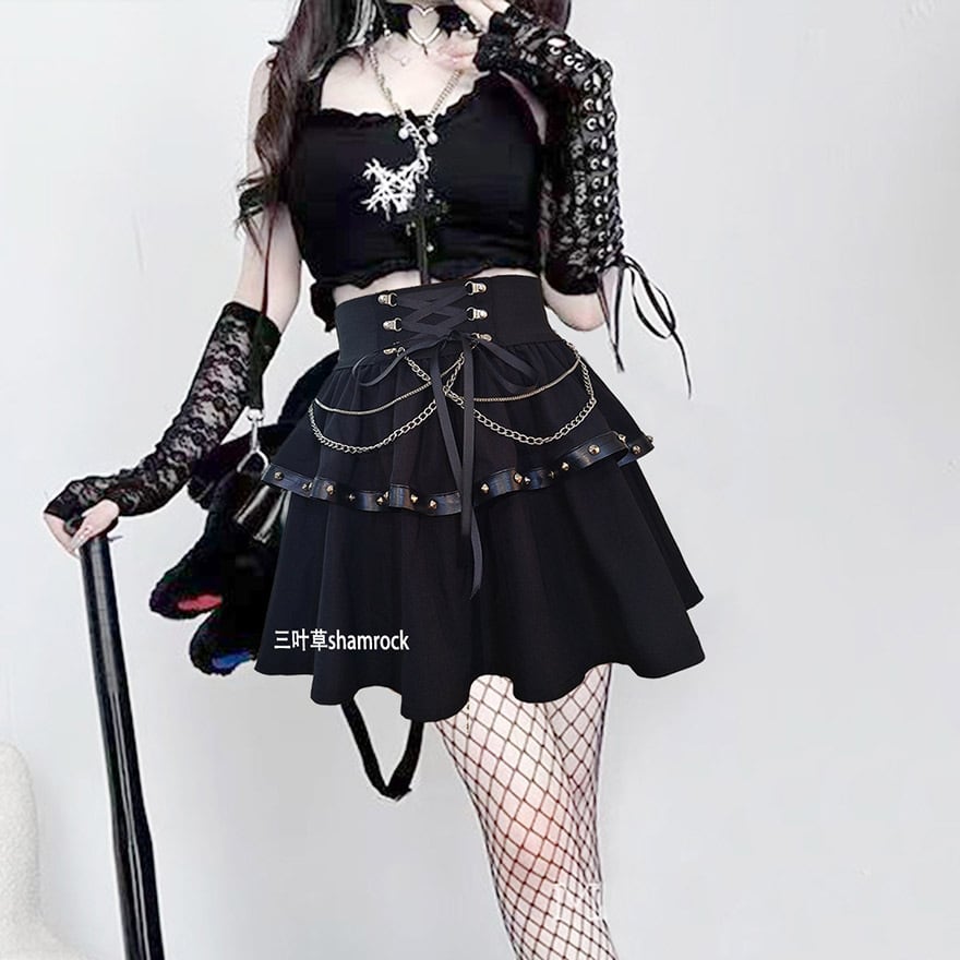 地雷 甘辛MIX ミニスカート レースアップ 編み上げ チェック柄 ストリートファッション