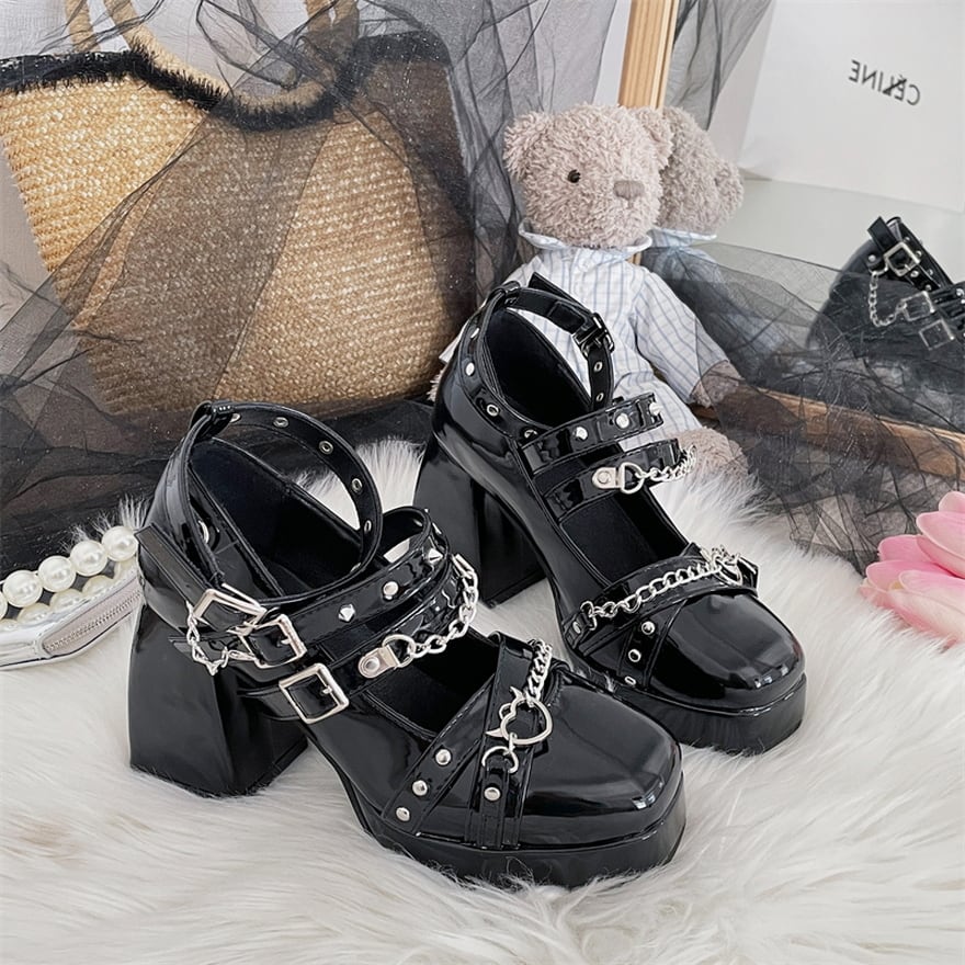 ハイヒール ヒール高8cm スタッズ PUレザー チェーンリベット バックル