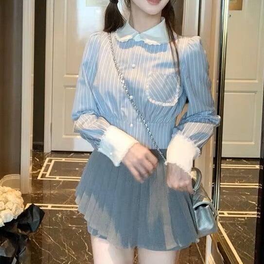 ストライプクロップドフリルシャツ