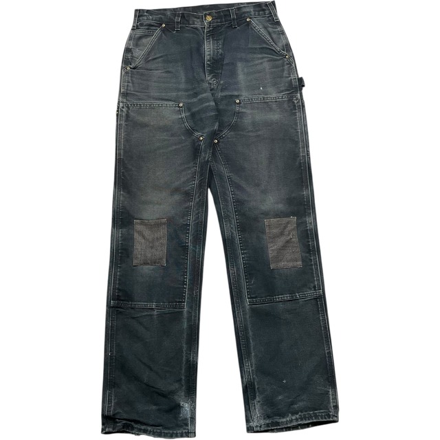 《実寸W31 L30》 Carhartt カーハート ダブルニー ワークパンツ ペインターパンツ デニムパンツ ブラック リペア 色落ち フェード USA製 no.9863