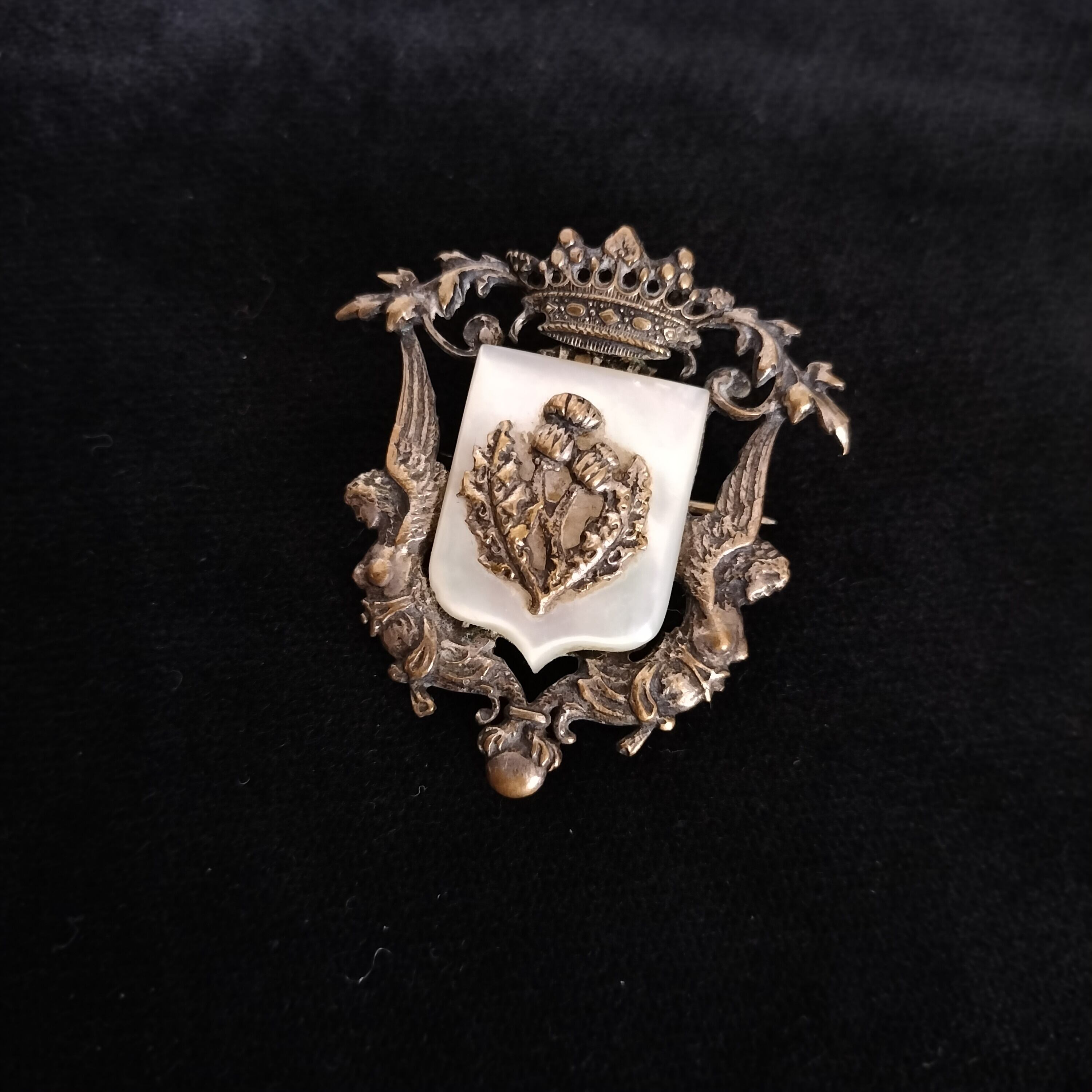 Antique Thistle and Harpy Mother of Pearl Brooch