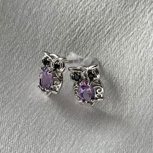 【ふくろう ピアス】【アメジスト×ブラックスピネル】S925 スタッズピアス 鉱物 天然石 パワーストーン