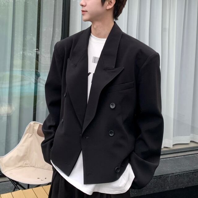 【予約販売】ジャケット メンズ アウター ブラック ダブル シンプル オーバーサイズ ショート丈 メンズ レトロ クラシカル お洒落 こなれ感 シック トレンド 秋 春 M/L/XL