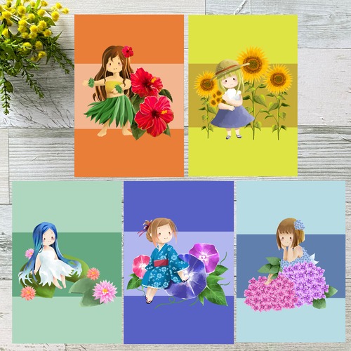 夏の花と女の子　イラストポストカード  詰め合わせ