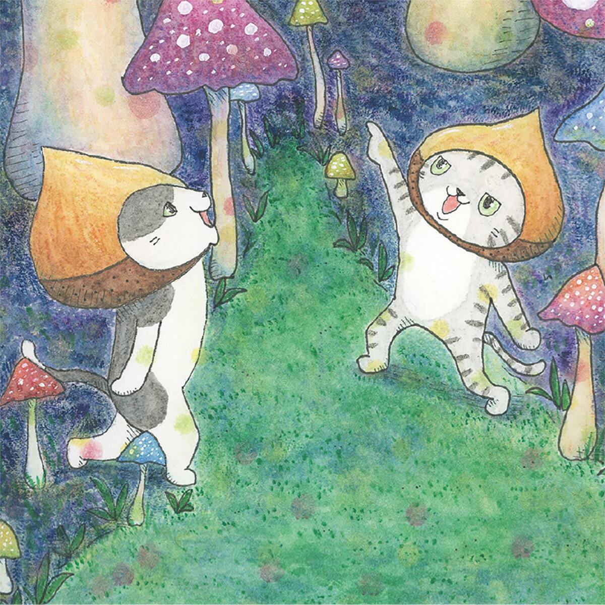 ポストカード きのこの森 / グッズ きのこ 秋 水彩 イラスト 猫 絵本風