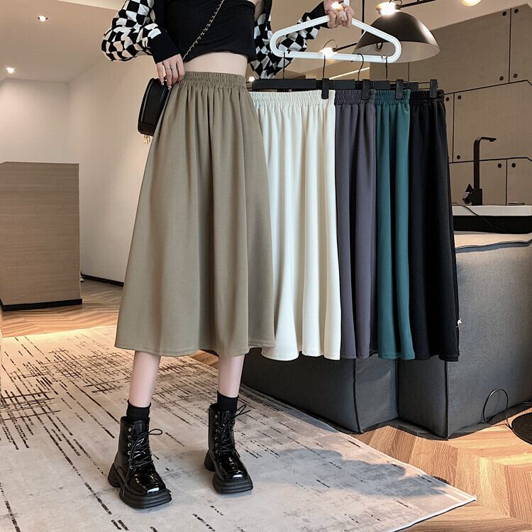 スカート スプリングオータムハイウェストウェストスリムプリーツブラックAライン 春物 秋物 1号婦人26145834154