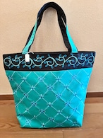 トートバッグ ターコイズ 黒 刺繍 シルク混合 A4収納 ベトナム