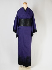 【レディース】仕立て上がり 絞り染め麻着物 黒紫　[B1269]