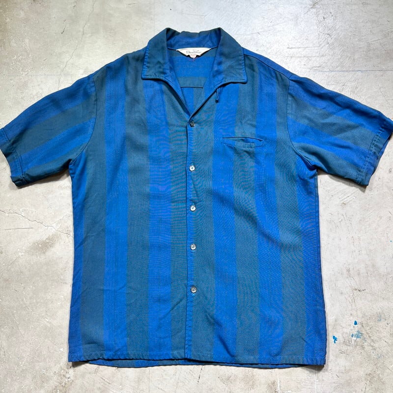60's Sportsman CAL-MADE ストライプイタリアンカラーシャツ 開襟 ボックス チンストラップ 襟芯有り ブルー グリーン Lサイズ 希少 ヴィンテージ BA-1839 RM2258H