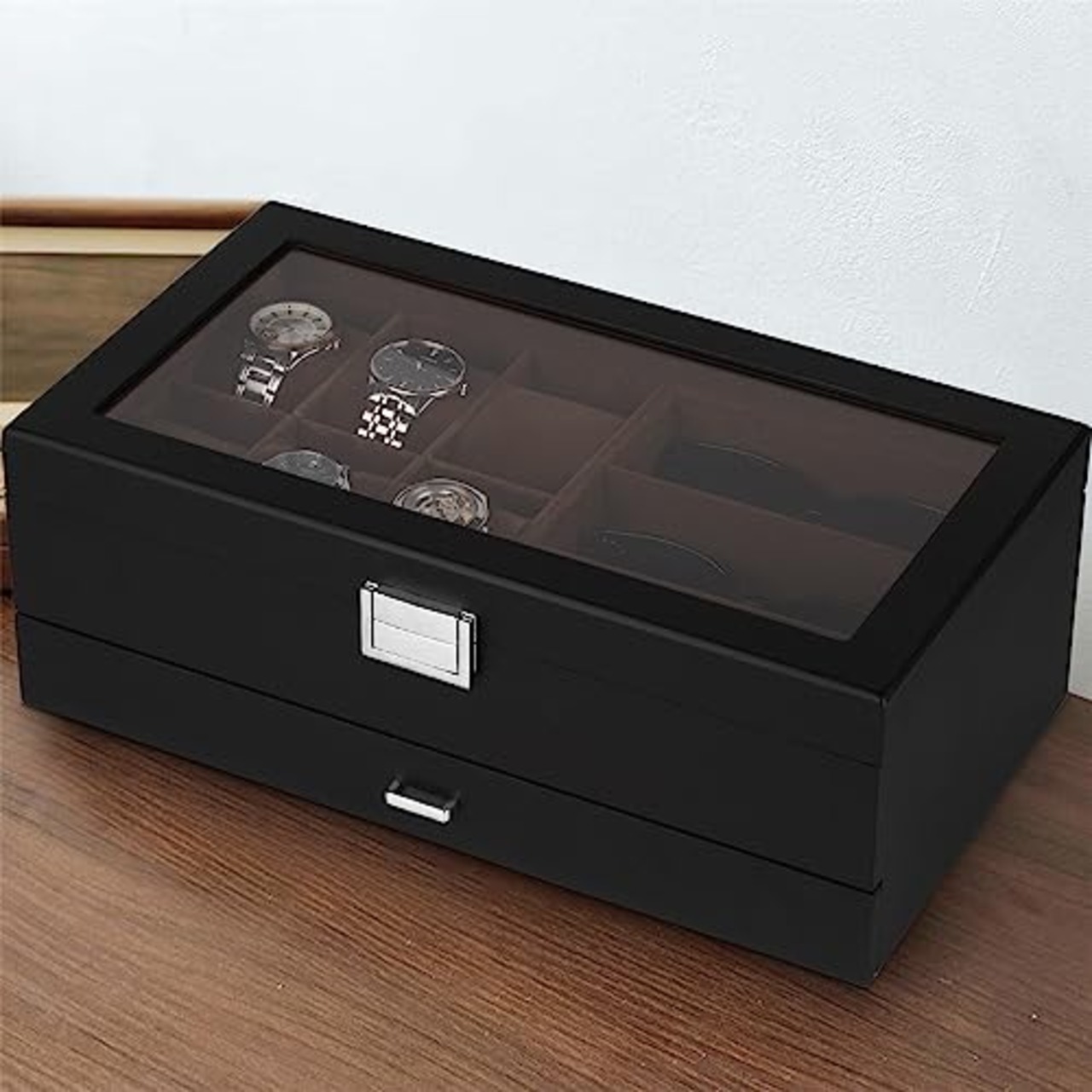 Baskiss 高級2層木製時計ケース 腕時計・眼鏡・ジュエリー収納ボックス 腕時計6本 サングラス7本 アクセサリー・指輪・ブレスレット収納可能 コレクションケース (腕時計6本・メガネ7本)