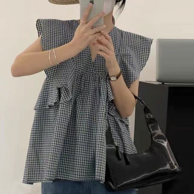 V-neck plaid tunic blouse TO0746