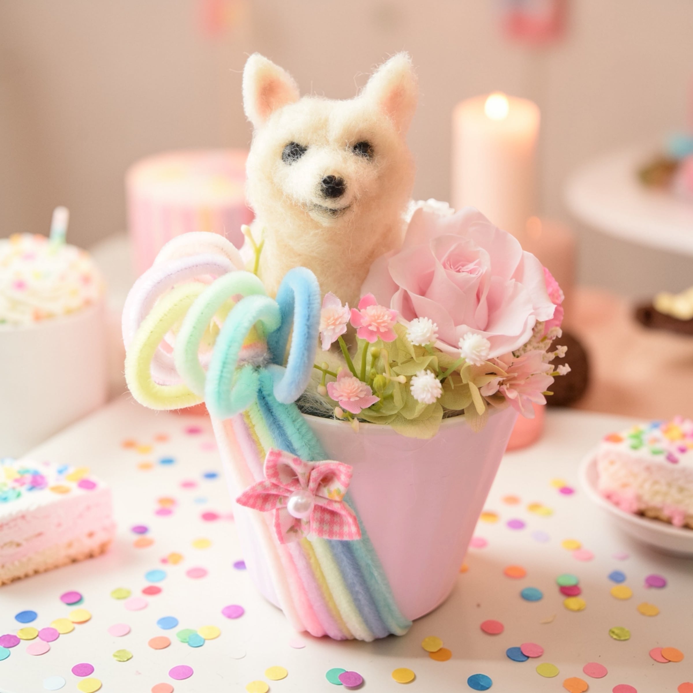 ドールとお花2輪【オーダーメイドで愛犬・愛猫の羊毛フェルト・お供え