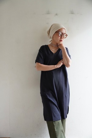(M) 1970s Deadstock "RUSSEL" Cotton Vneck Tee Dress