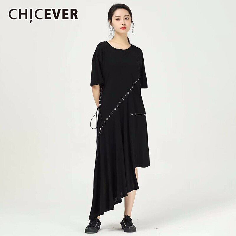 CHICEVER不規則な巾着レースアップレディースドレスOネック半袖特大ミディドレス2020 ショート ハーフスリーブ 6base516536436975