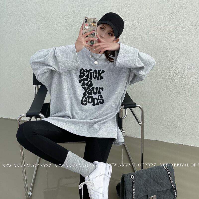 ルーズTシャツ シャツ スタイルブラックスプリングプリントトップス ロング 春物 ブラックストロベリース87039144405