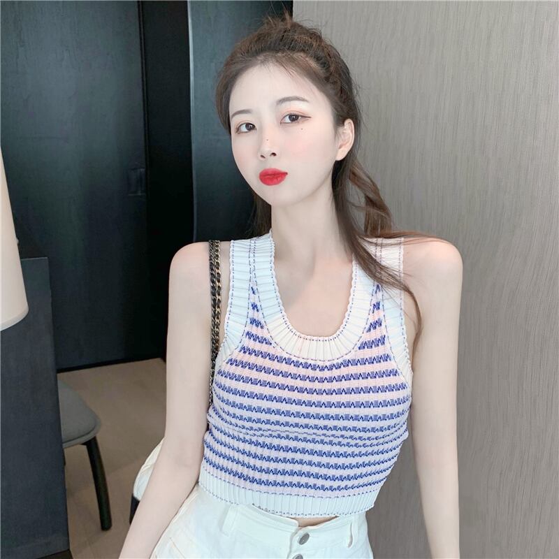 insニットカラーストライプストライプベストレディースサマーノースリーブインナー小さなサスペンダーボトムストップデザインアウター着用感 ブラックストロベリース99969676407