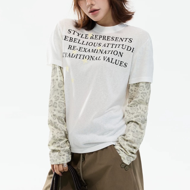 leopard-sleeve layered long tee　レオパードスリーブレイヤードロングティー　J2100