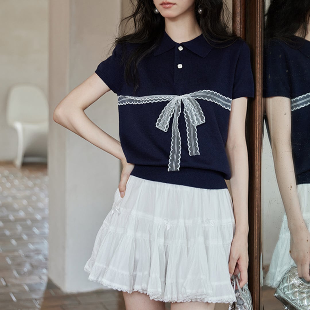 short sleeve college style lace ribbon short sleeve sweater