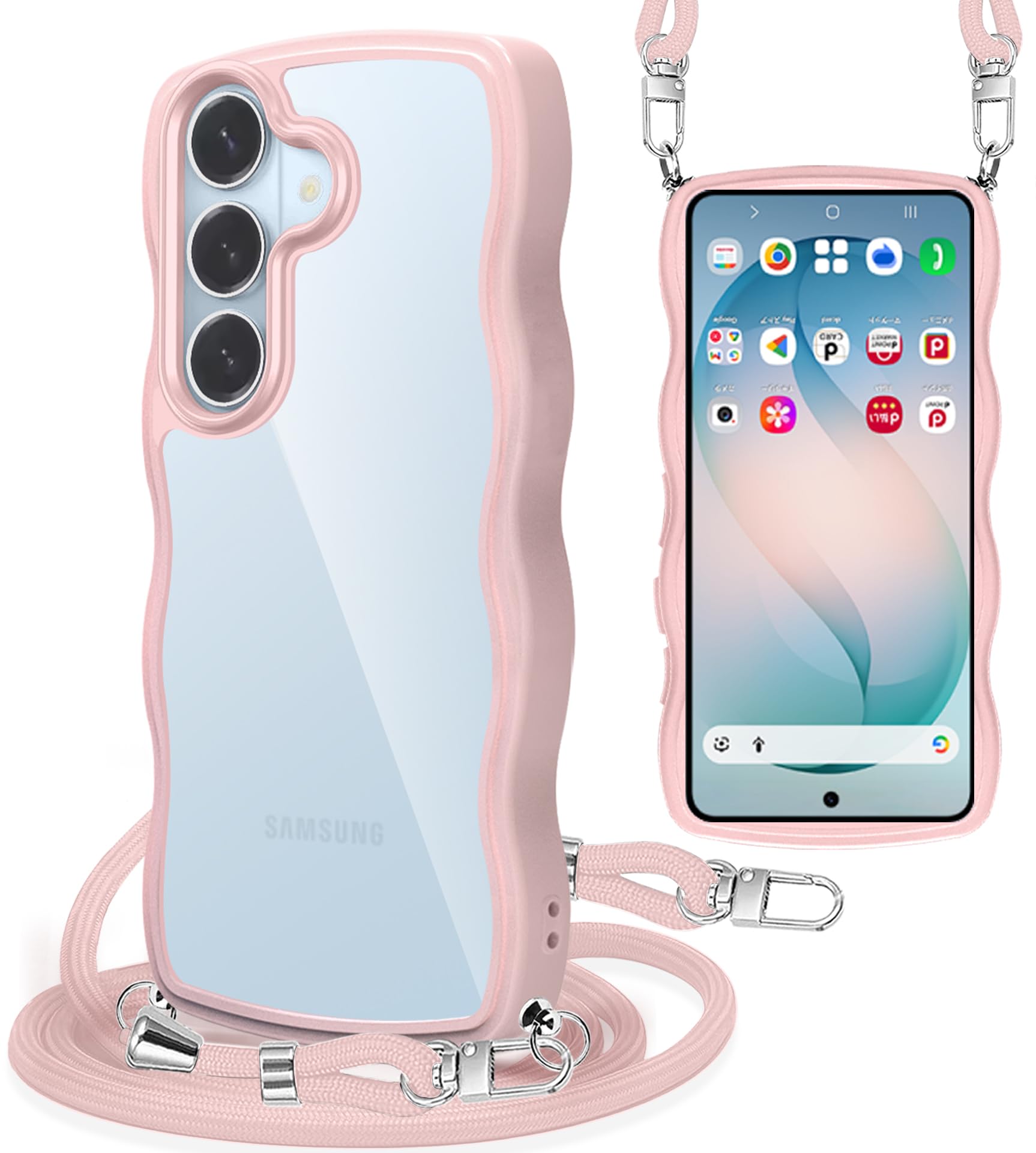 Yuanlai For Samsung Galaxy S26 ケース クリア ショルダー 肩掛け 斜めかけ SC-51G スマホケース 波型 かわいい ギャラクシーS26 5G カバー 耐衝撃 紐付き 織りストラップ付き ネックストラップ 長さ調整可能 取り外し可能 (ピンク)