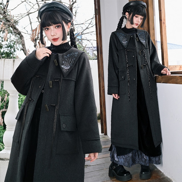 ♬襟に刺繍入りウールチャイナ風コート！【古怪舍---浮光鰭夢シリーズ】★チャイナ風コート★ フリンジ ロング丈 合わせやすい