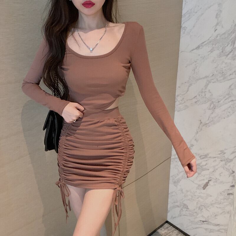 ショートトップス ハイウェストギャザースカート オータム ロング ストリート 秋物 ガールズファッション85655688392