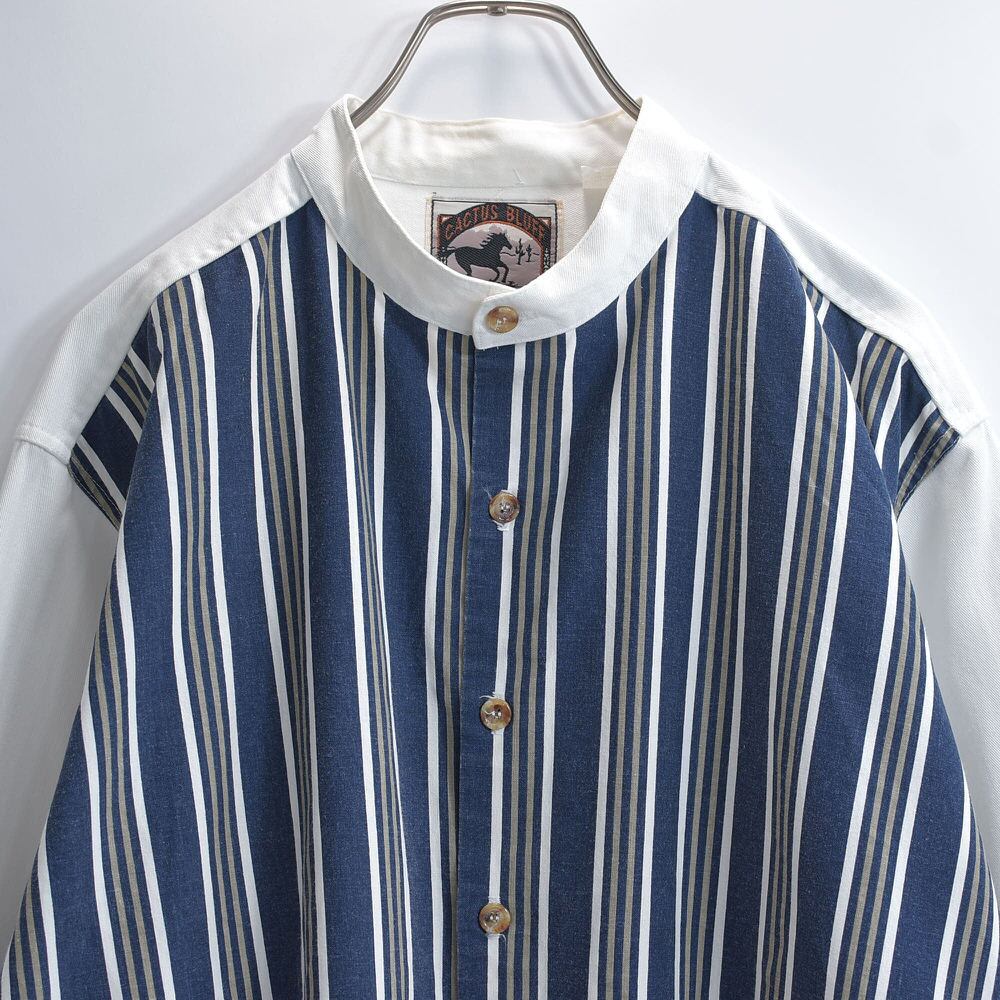 80~90s CACTUS BLUFF カクタスブラフ バンドカラー 切替 ウエスタンヨーク ストライプ デザイン 長袖 シャツ ヴィンテージ ビンテージ 古着 メンズL~相当