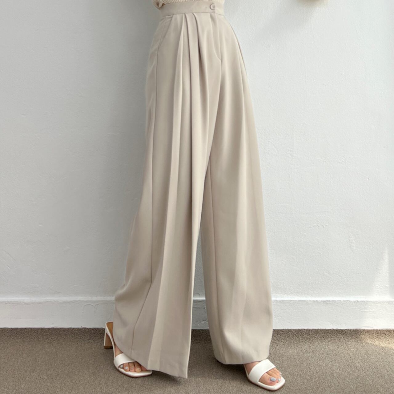 ハイウエスト プリーツ ワイドパンツ-アプリコット