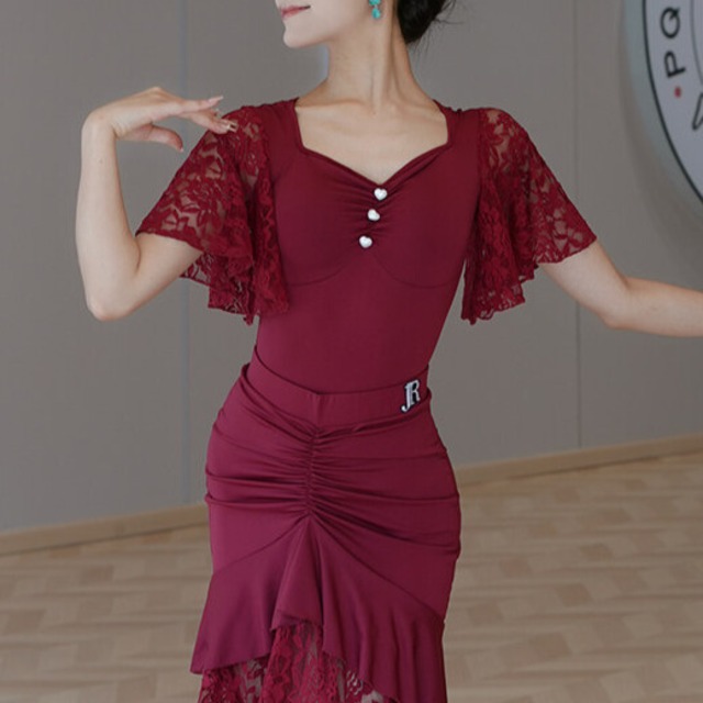 フレアスリーブ 　レース ダンストップス　(レオタードタイプ）  ds1438