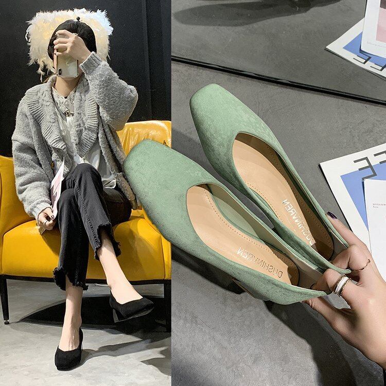 【新作】【送料無料】 スタイルスエードシングルシューズレディース2020春の新しいファッションオールマッチ気質フェアリースタイルスクエアトゥミッドヒールレディースシューズ-アリババ 靴 スウェード スプリング 春物 スクウェア 10b662650077769