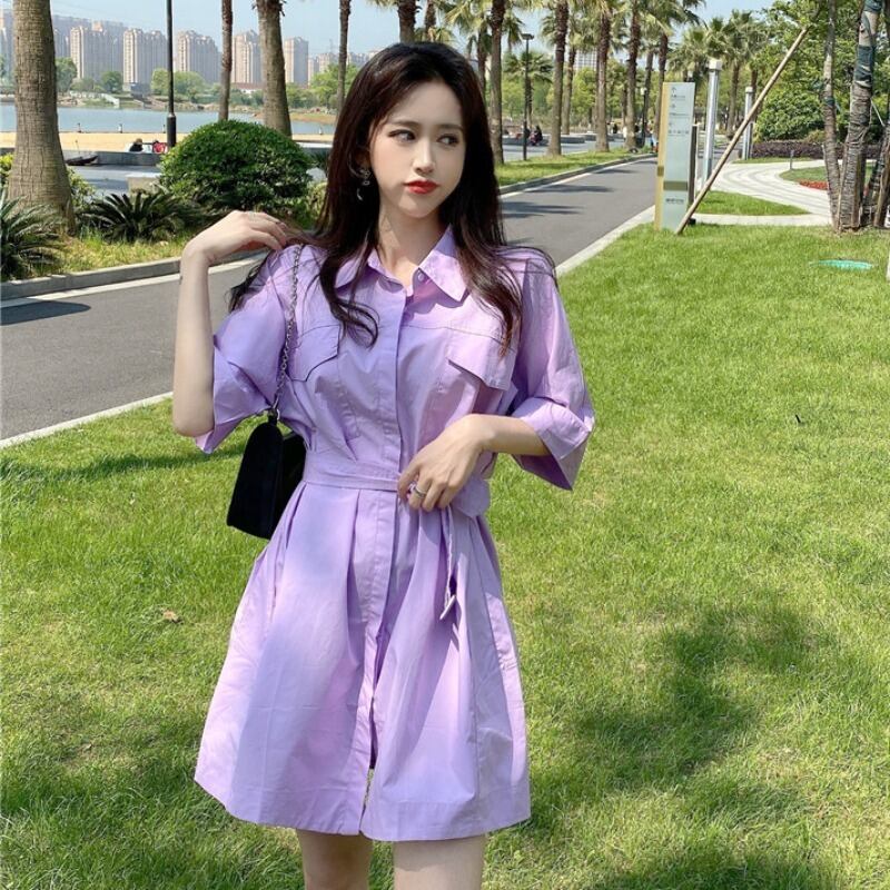 フレンチニッチシャツ風パープルドレスレディースニューサマードレスラペルカジュアルハイウエスト細いAラインショートスカート 1号婦人24064964666