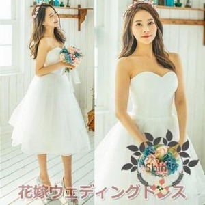送料無料 未使用 発表会 舞台衣装 パーティ フォ－マル 膝丈 ウエディング ドレス 9号 M [OPN3679]